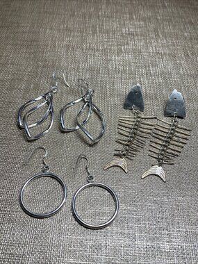 Lot 3 Pairs Sterling Silver 925 Dangle Earrings Modern Hoop & Fishbone Design